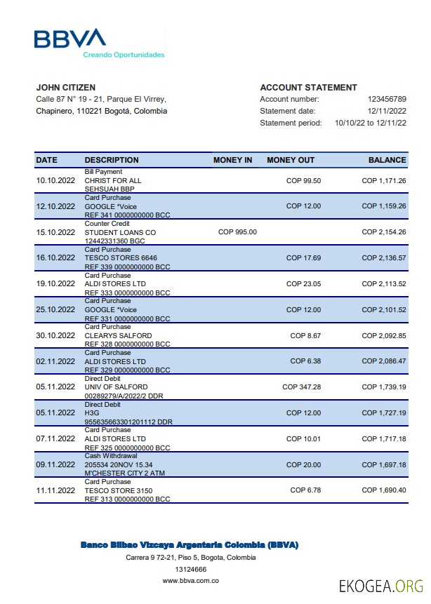Colombie BBVA relevé bancaire xls